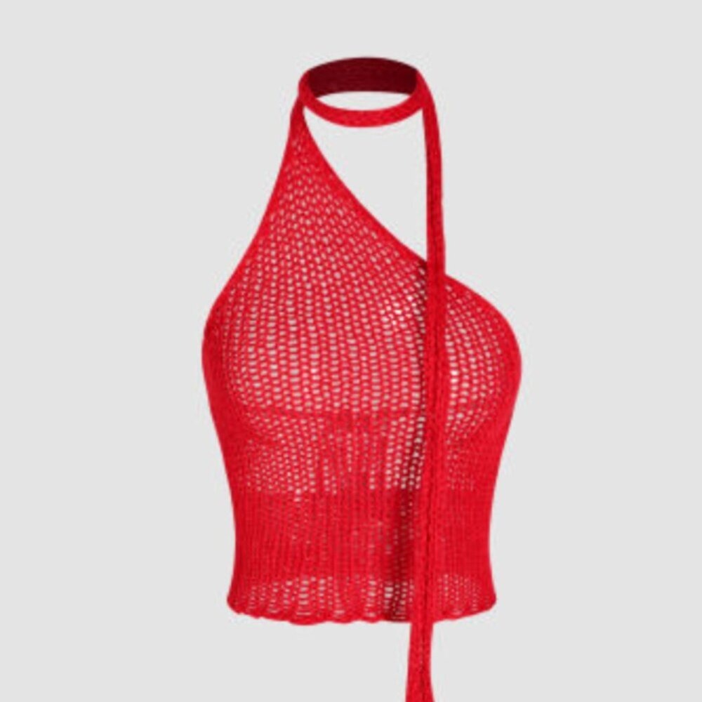 Wool-blend Halter Neckline Solid Hollow Out Knitted Crop Top‎